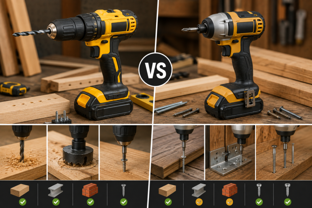 Drill and impact driver comparison showing drilling, screw driving, and fastening applications for home DIY projects.