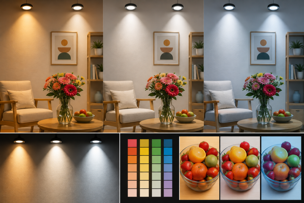 CRI lighting comparison showing warm, neutral, and cool light rendering the same interior colors, flowers, furniture, and objects differently.