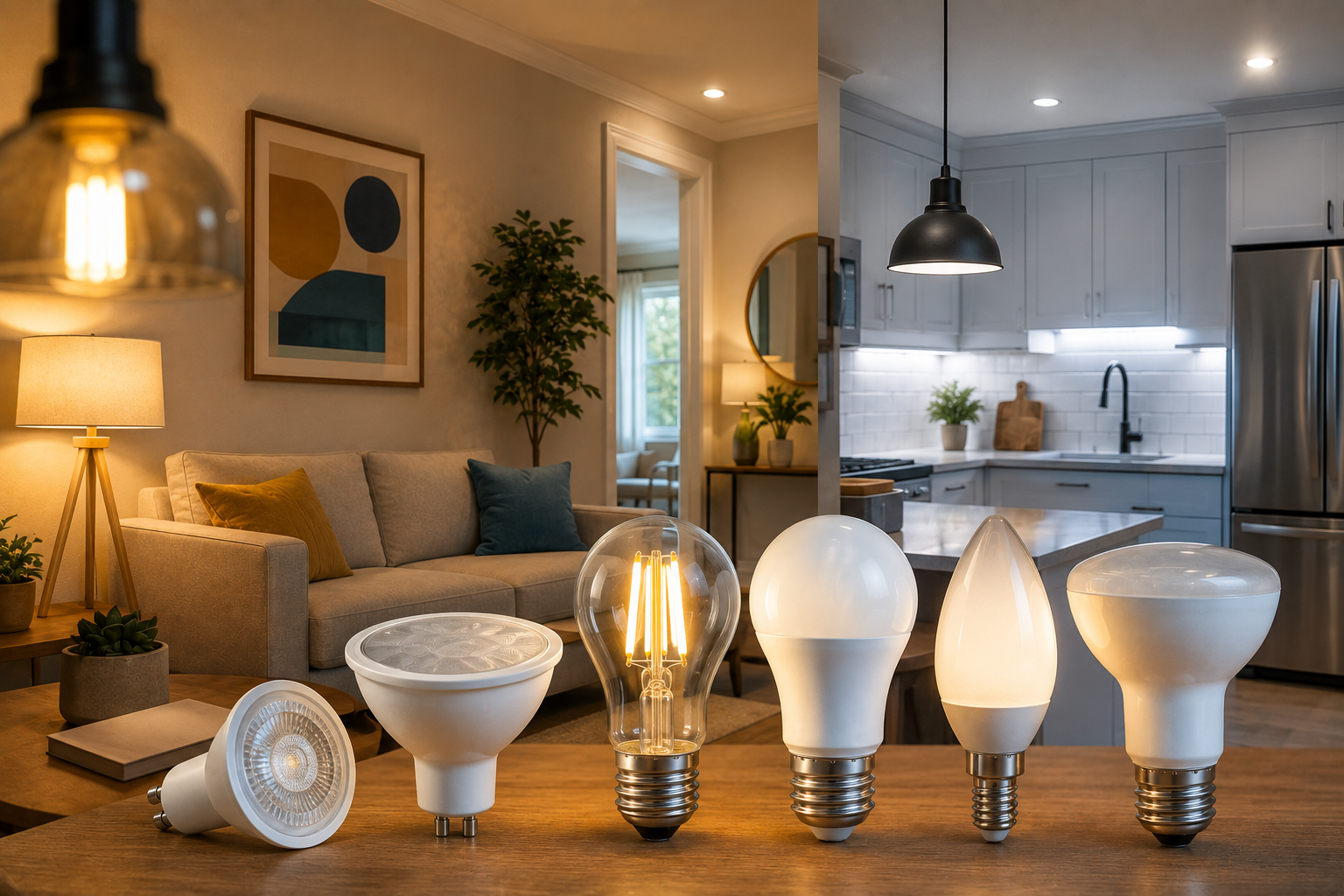 LED light bulbs in different shapes and styles displayed in a modern home, with warm living room and cool kitchen lighting.