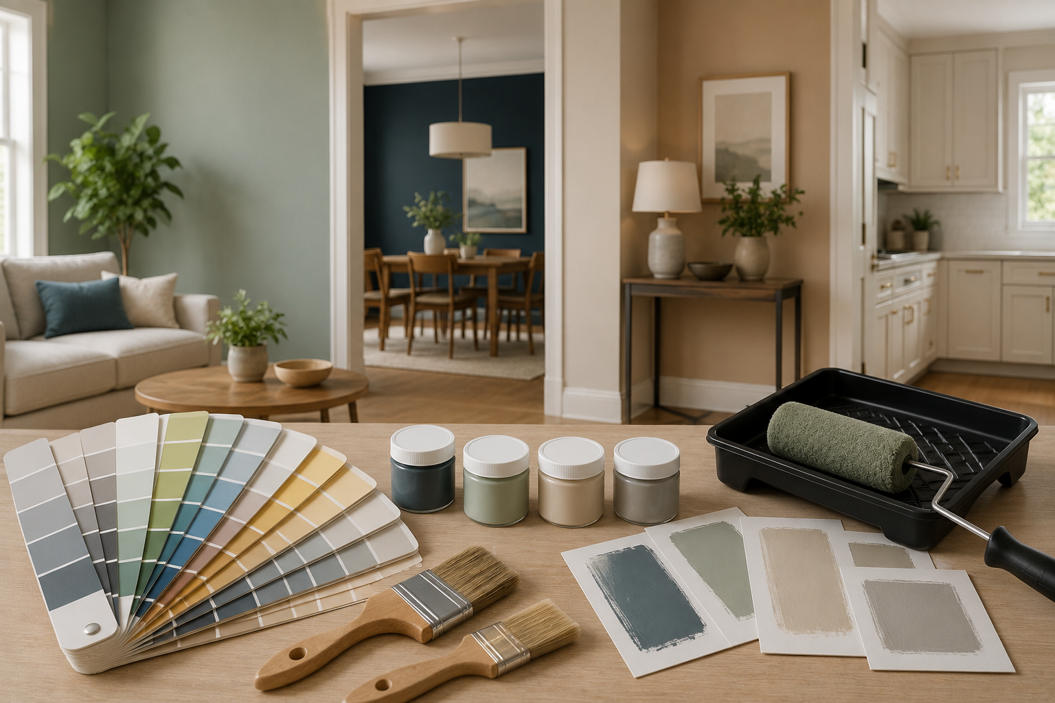 Paint color selection for a home interior with paint swatches, sample pots, brushes, roller, and rooms in complementary colors.