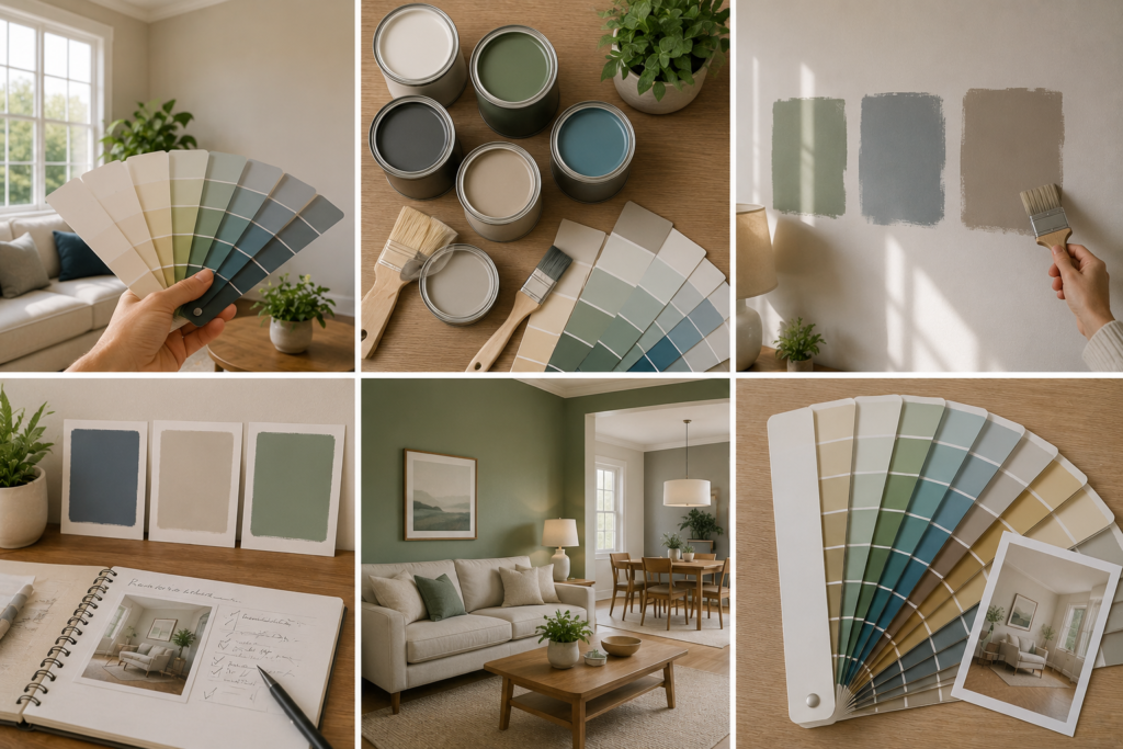 Steps for choosing a paint color with paint swatches, sample pots, wall test patches, brushes, and a finished living room.