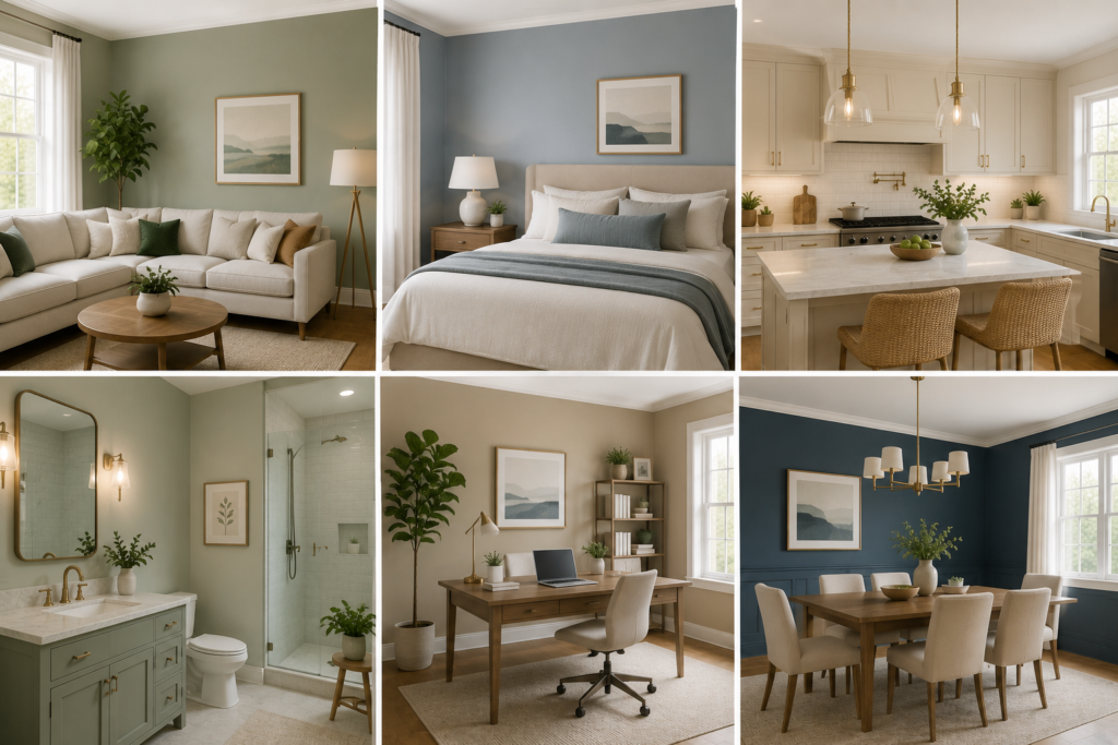 Room-by-room paint color ideas showing a living room, bedroom, kitchen, bathroom, home office, and dining room in coordinated colors.