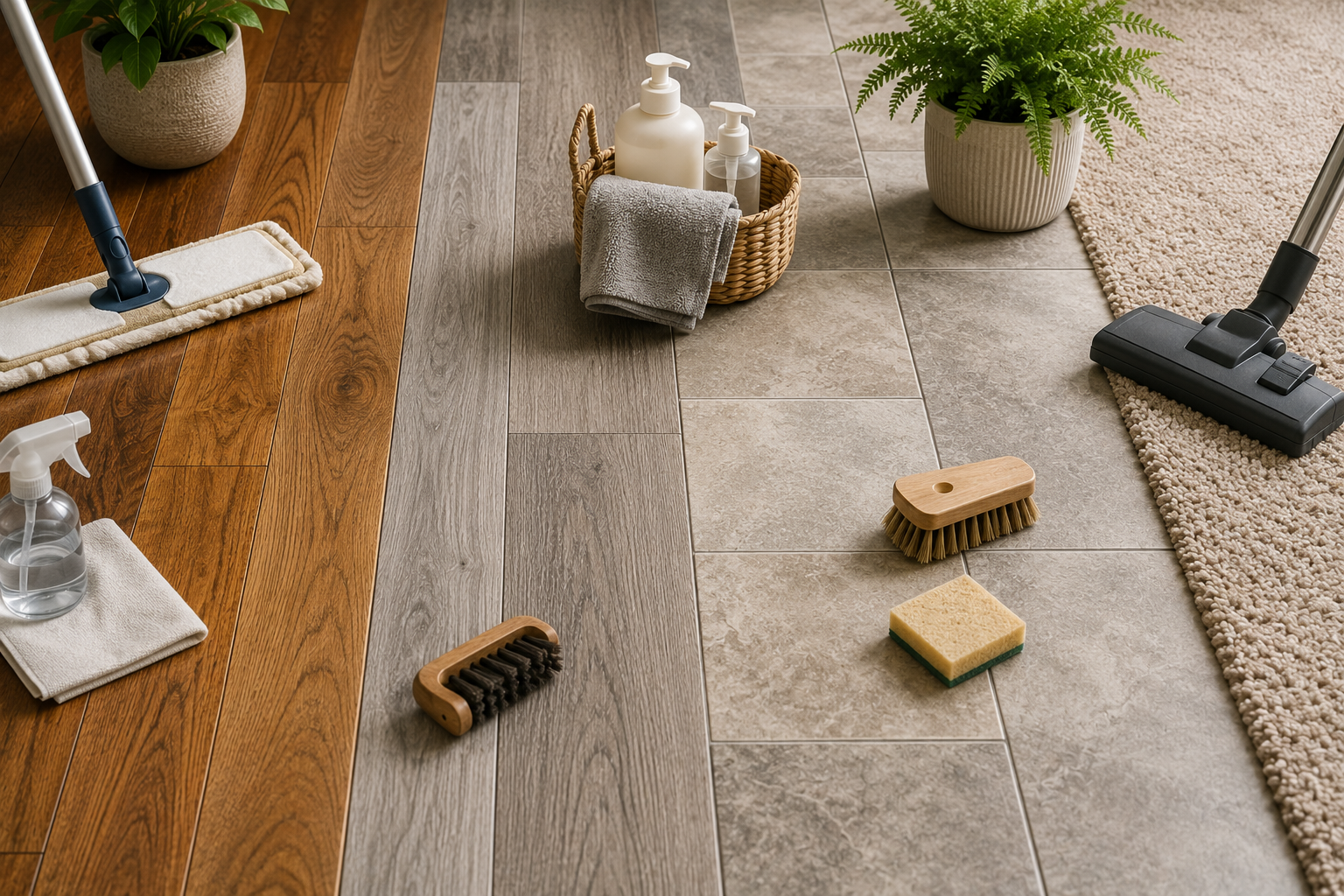 Flooring maintenance supplies arranged across hardwood, laminate, tile, and carpet surfaces, including a mop, vacuum, cleaning cloths, brushes, and cleaning products.