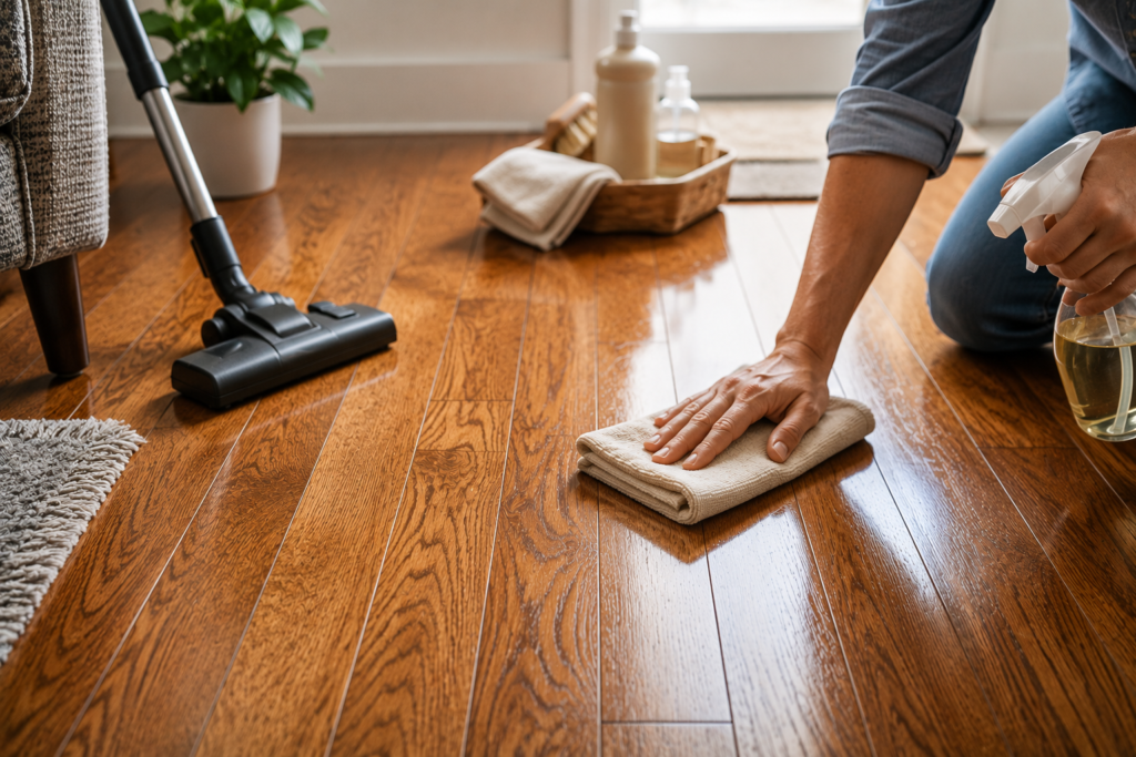 Person cleaning a polished hardwood floor with a microfiber cloth and spray cleaner beside a vacuum and hardwood-safe cleaning supplies.