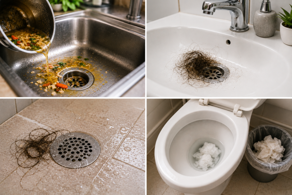 Common clogged drain causes in a kitchen sink, bathroom sink, shower drain, and toilet, including grease, food debris, hair, soap scum, and excess toilet paper.