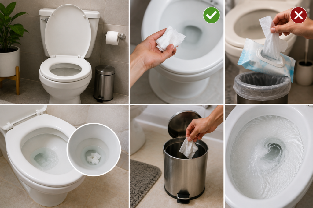Toilet clog prevention showing proper toilet paper disposal, avoiding wipes, using a trash bin, and maintaining clear toilet drains.