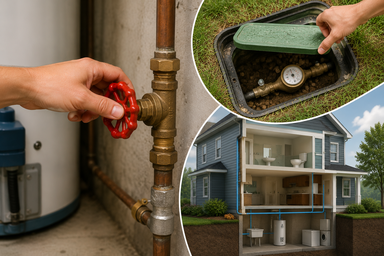 Home water shutoff valve, exterior water meter, and residential plumbing system showing main water supply controls.