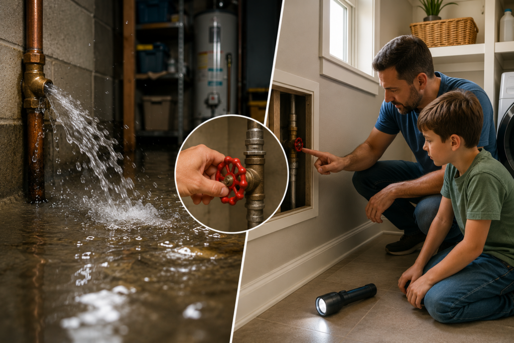 Burst pipe causing water damage contrasted with a family learning how to locate and shut off the home’s main water valve.