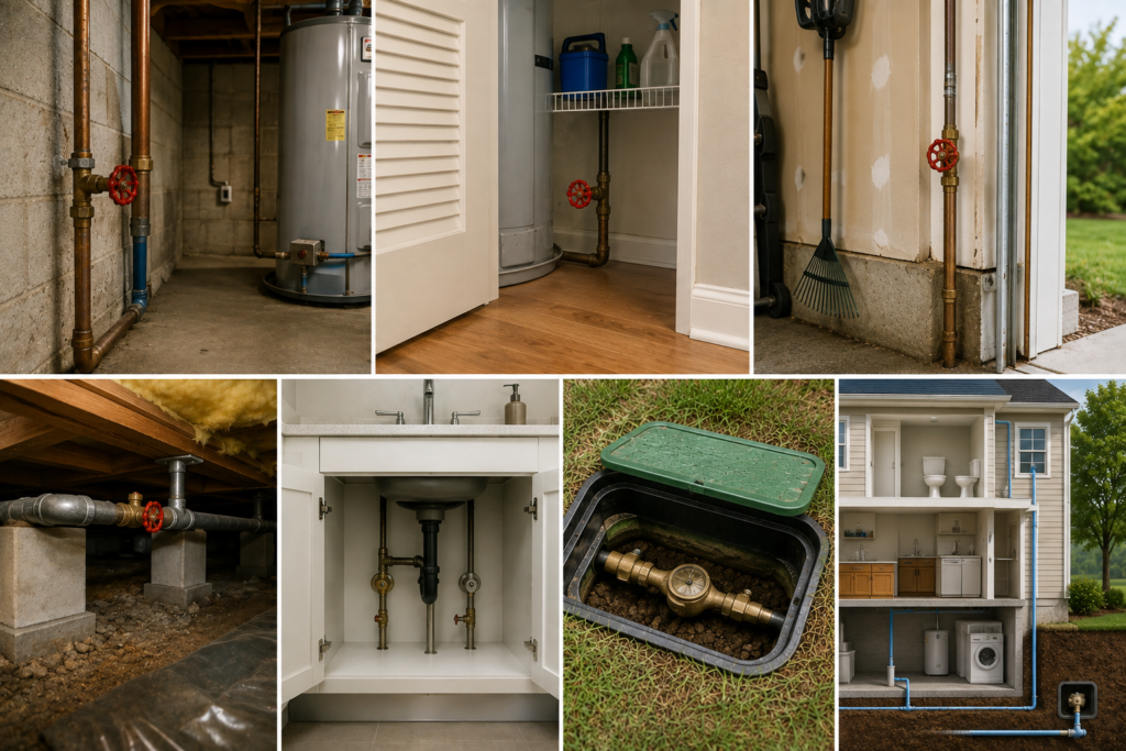 Main water shutoff valve locations in a basement, utility closet, garage, crawl space, under-sink cabinet, and outdoor meter box.