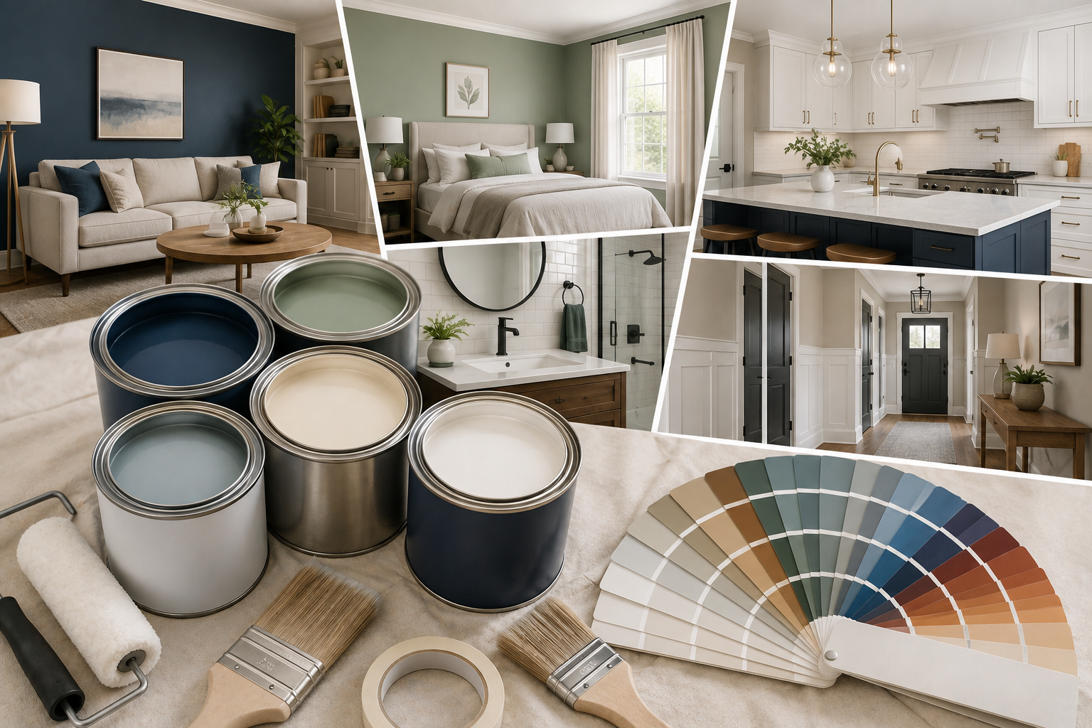 Interior paint buying guide with paint cans, brushes, color swatches, and room examples for living rooms, bedrooms, kitchens, bathrooms, and hallways.