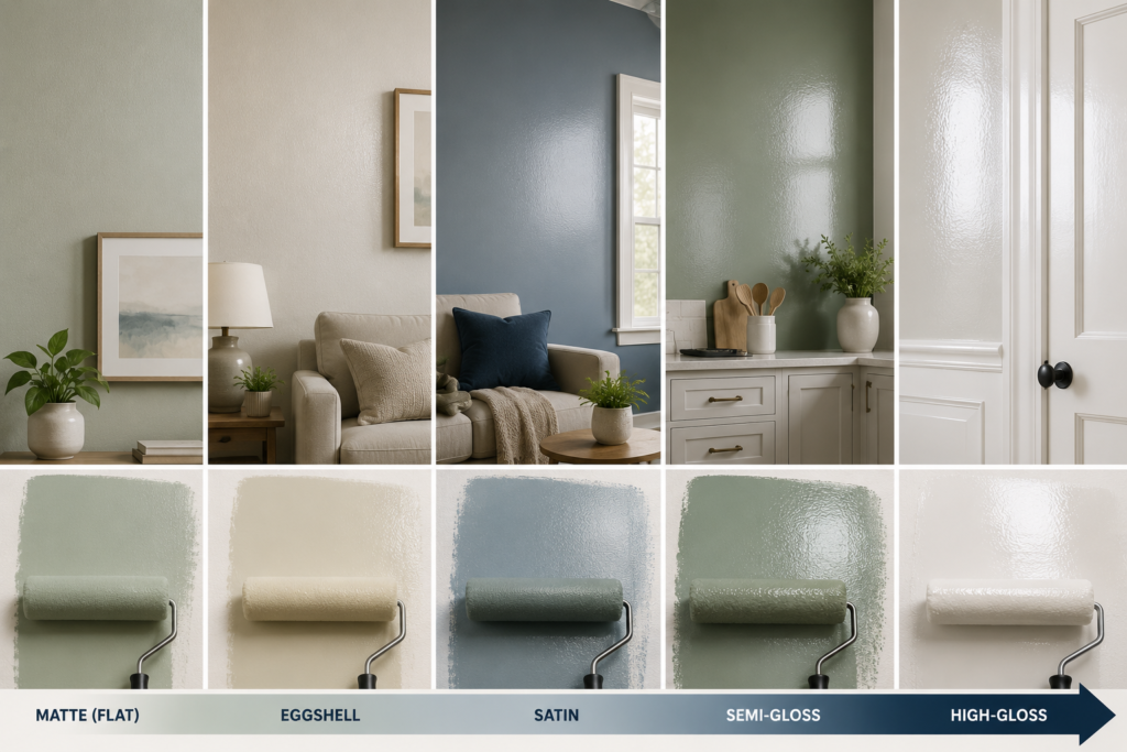 Interior paint sheen comparison showing matte, eggshell, satin, semi-gloss, and high-gloss finishes on walls and trim.