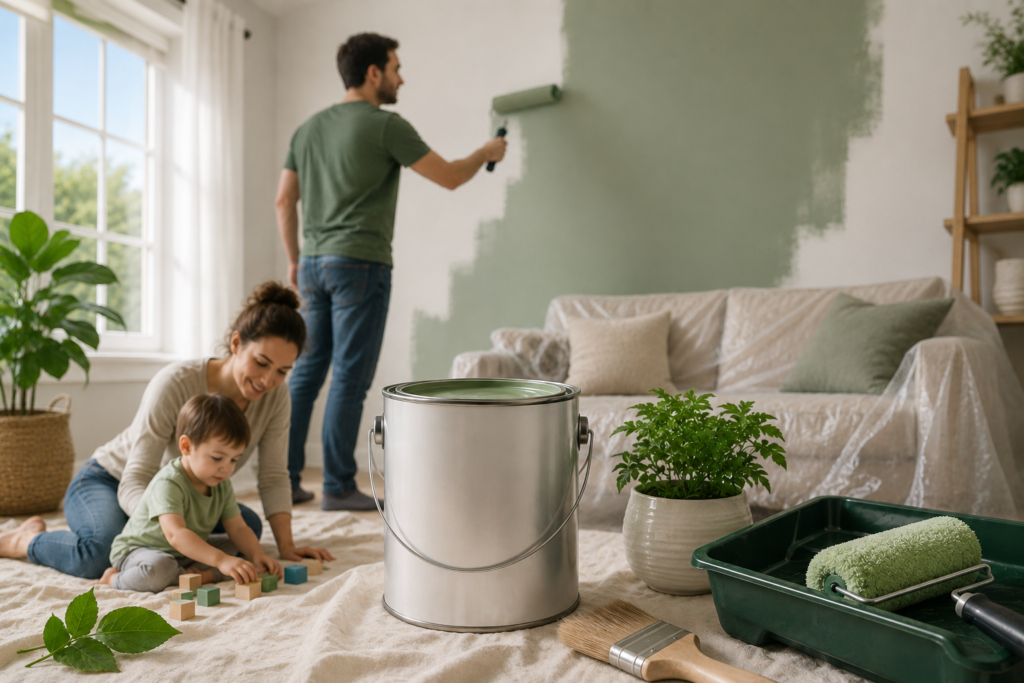 Low-VOC interior painting with a family in a bright living room, green wall, paint can, roller, brush, and indoor plants.
