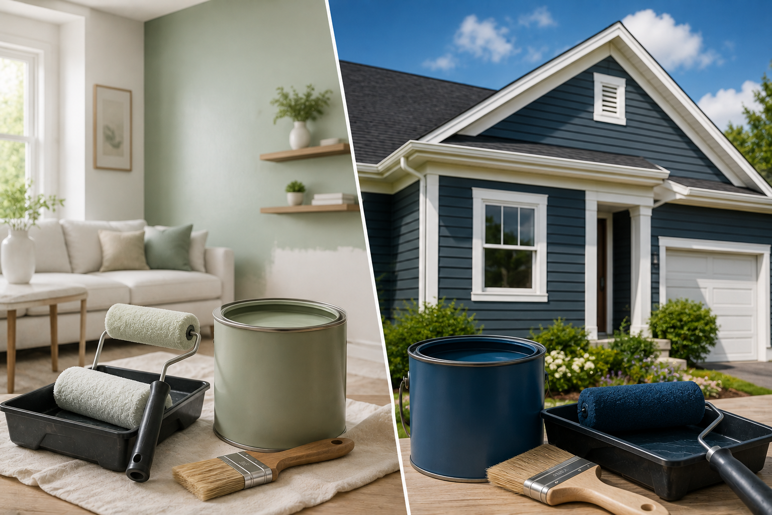 Interior and exterior paint comparison showing a painted living room, outdoor house siding, paint cans, rollers, and brushes.