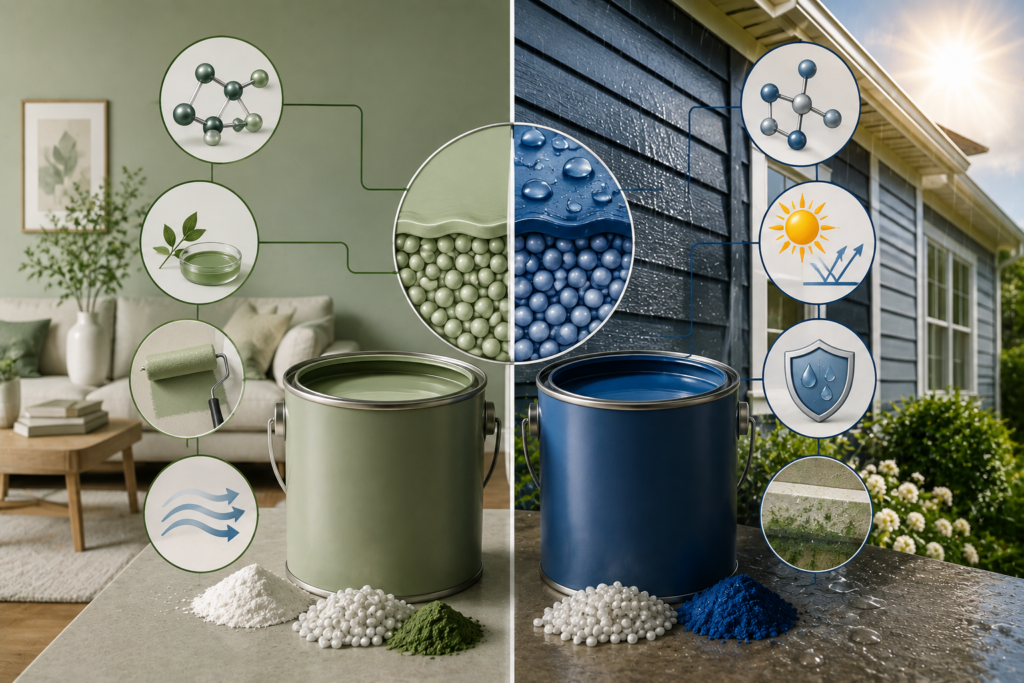 Interior and exterior paint formulation comparison showing paint cans, resin materials, UV protection, water resistance, and mildew resistance.