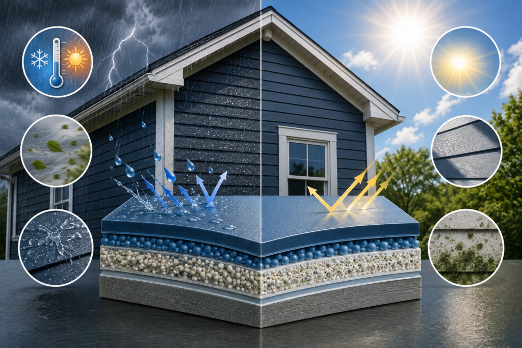 Exterior paint protecting a home from rain, sunlight, wind, temperature changes, moisture, and mildew.
