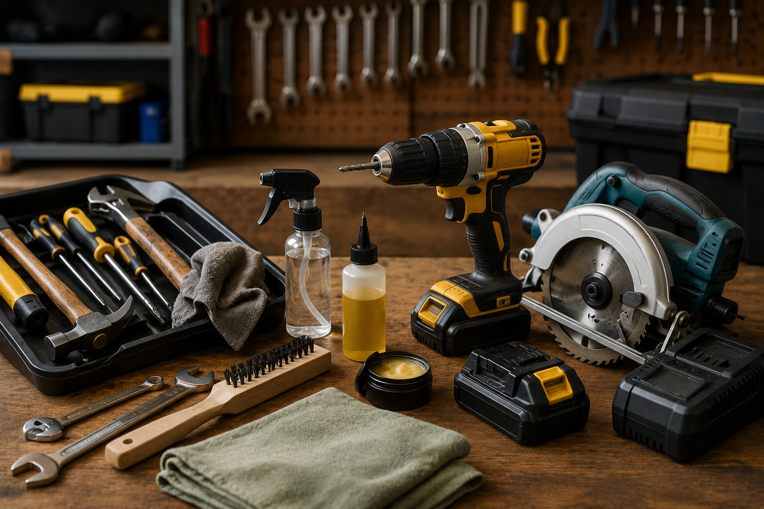 DIY tool maintenance setup with hand tools, cordless power tools, cleaning brushes, oil, lubricant, batteries, and storage equipment.