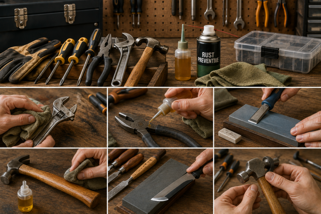 Hand tool maintenance with cleaning, oiling, sharpening, rust prevention, and inspection of wrenches, pliers, chisels, hammers, and screwdrivers.