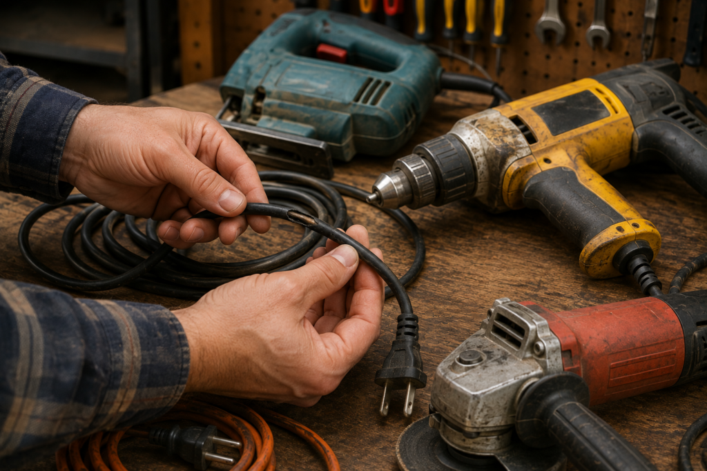Inspecting a damaged power cord for fraying, cracks, and exposed wiring on a workshop bench with power tools.