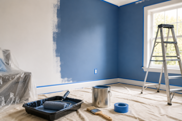Room painting setup with blue walls, painter’s tape, paint roller, brush, paint can, drop cloth, and step ladder.
