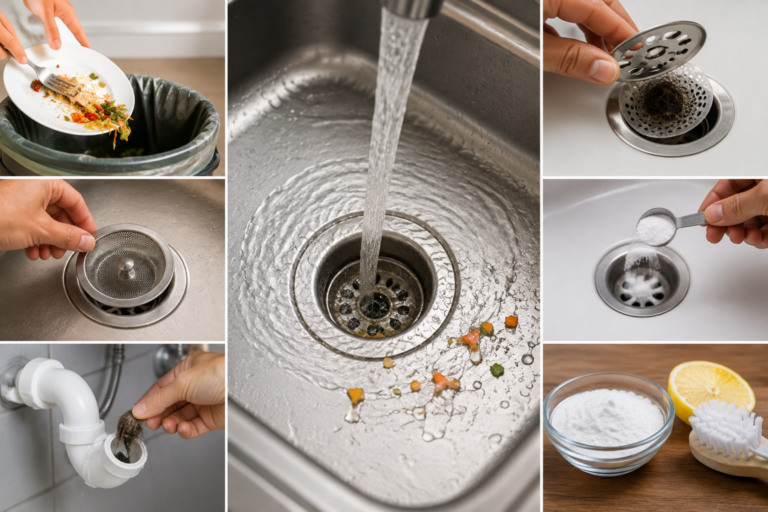 Clog prevention guide showing a sink strainer, hair catcher, drain cleaning, P-trap maintenance, and baking soda drain treatment.