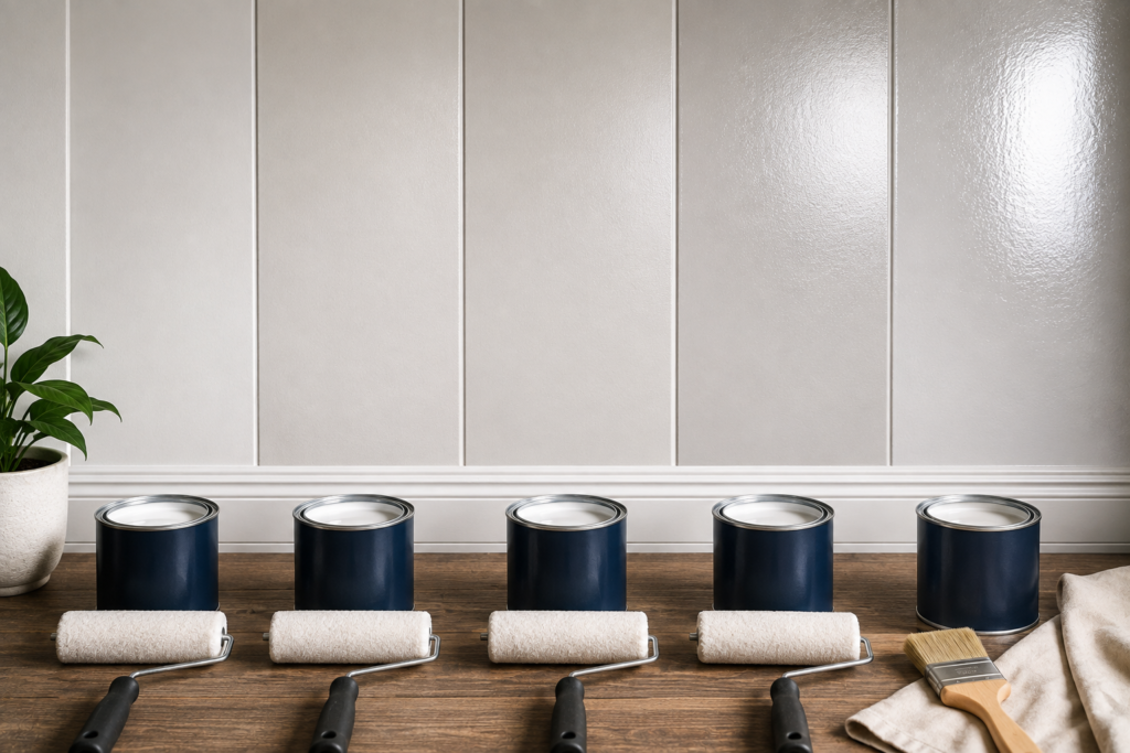 Paint sheen comparison showing matte, eggshell, satin, semi-gloss, and glossy wall finishes with paint rollers.