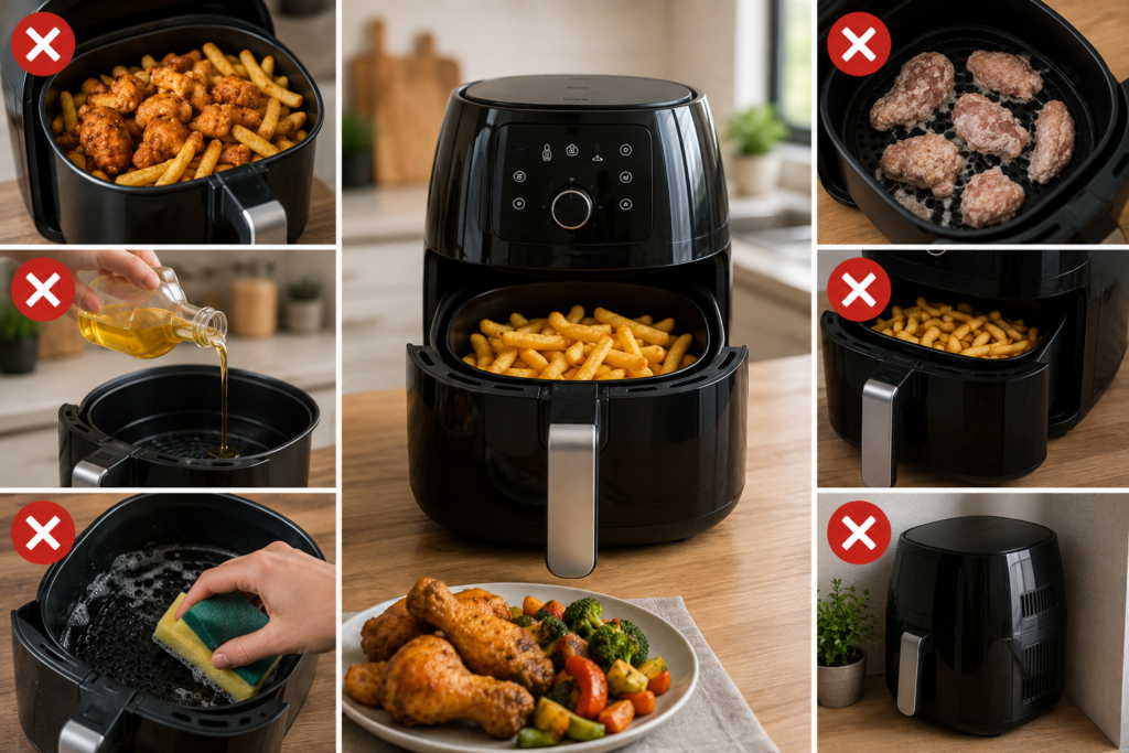 "Air fryer surrounded by common cooking mistakes, including overcrowding, excess oil, poor placement, improper cleaning, and incorrect food preparation."