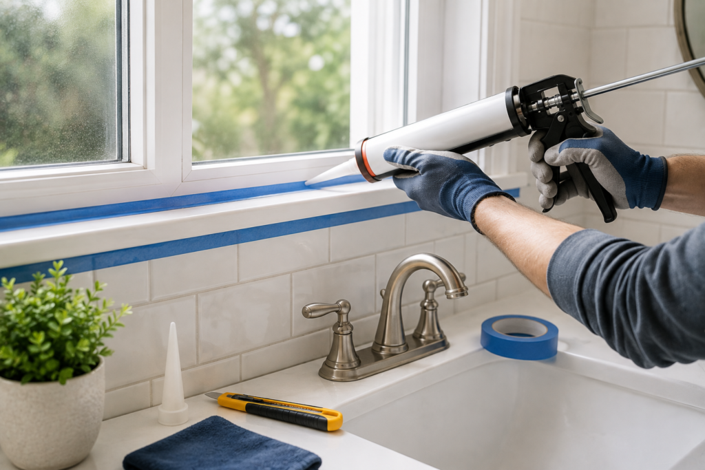 "DIY homeowner applying fresh white caulk around a bathroom window and tiled surface using a caulking gun, with painter's tape and tools for a clean professional finish."