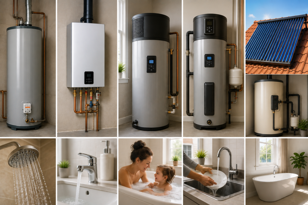 Five types of water heaters shown in realistic American home settings, including conventional tank, tankless, heat pump, hybrid, and solar water heating systems.