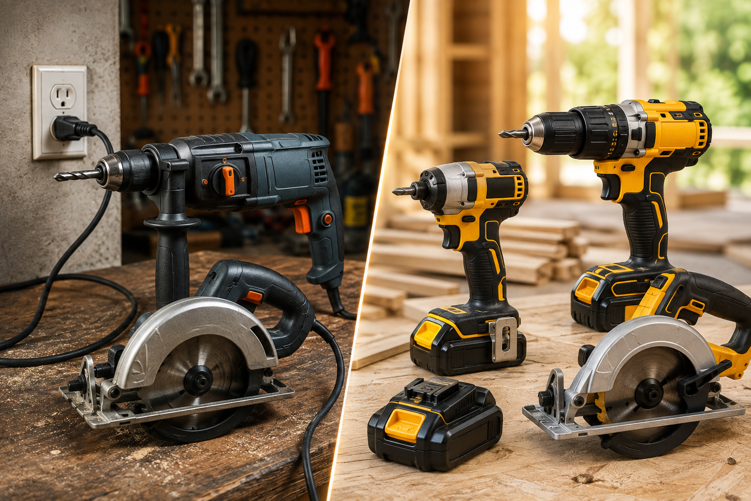 Corded and cordless power tools displayed side by side on a workbench with drills, circular saws, batteries, charger, and power cord for home improvement comparison.