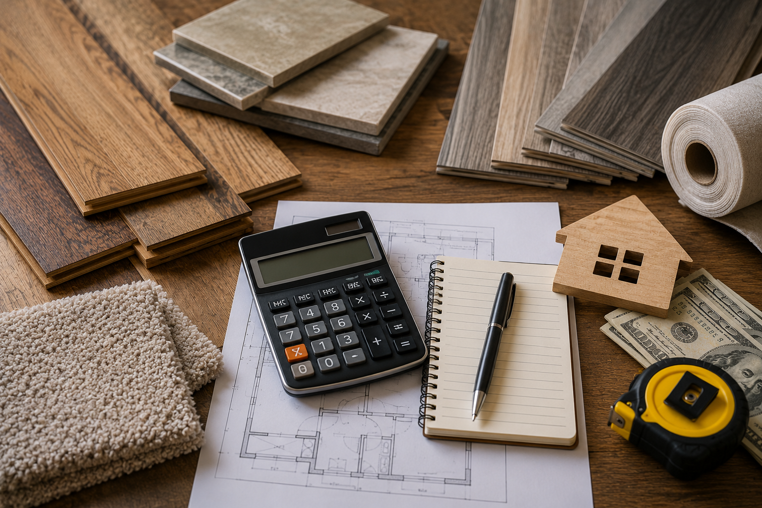 Flooring cost planning with hardwood, laminate, luxury vinyl, tile, carpet samples, calculator, floor plans, notebook, tape measure, and cash for home renovation budgeting.
