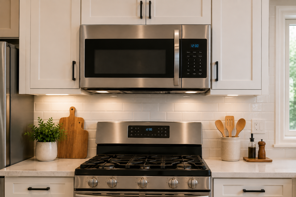 "Stainless steel over-the-range microwave installed above a gas stove in a modern kitchen with built-in ventilation."