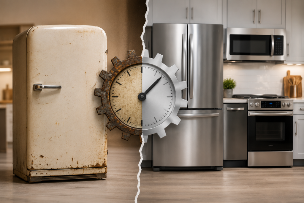 Old refrigerator compared with modern kitchen appliances to illustrate changing appliance lifespan.