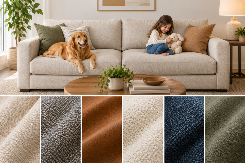 Cozy modern living room with a durable upholstered sofa, child and dog, and close-up upholstery textures illustrating how fabric choice should match household lifestyle and daily use.
