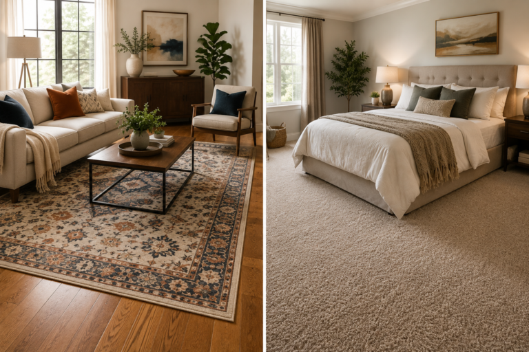 Split interior scene showing a patterned area rug over hardwood flooring in a comfortable living room beside a cozy bedroom with plush wall-to-wall carpet.